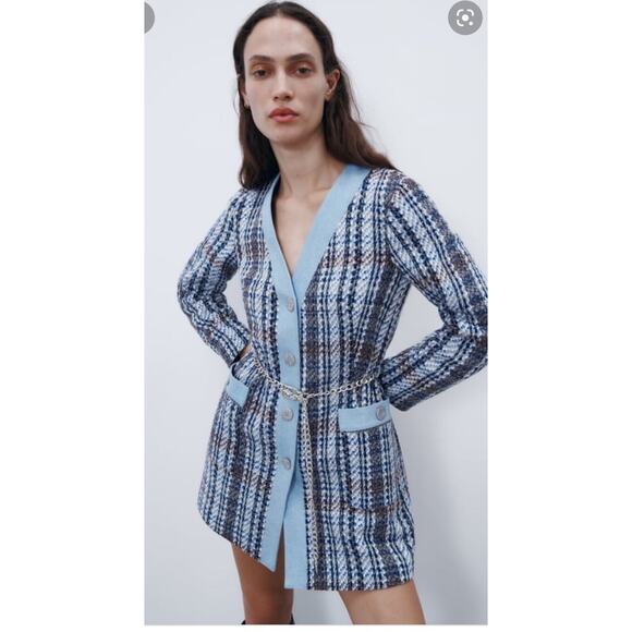 Zara Jackets & Blazers - Zara NWT Medium Denim/Tweed Blue Long Preppy Old Money Luxe Blogger Blazer